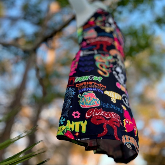 Omighty Logomania Black Mini Dress Size S Stretch Tattoo Sexy Sheer Straps Layer - Picture 8 of 17